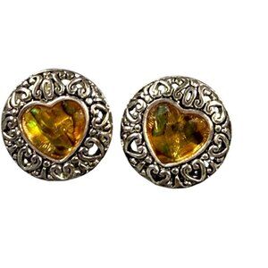 Vintage Heart Amber-Look Stud Earrings With Ornate Silver-Tone Filigree Design